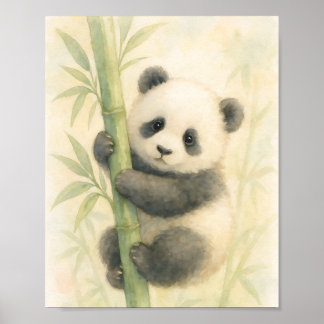 Watercolor Illustration of Panda Cub on Bamboo ポスター