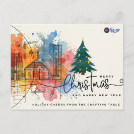 Watercolor Ink Blue Print Architecture Christmas シーズンポストカード