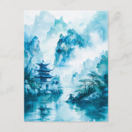 Watercolor ink of Chinese landscape on a lake ポストカード
