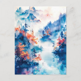 Watercolor ink of Chinese landscape on a lake ポストカード