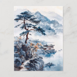 Watercolor ink of Chinese landscape on a lake ポストカード
