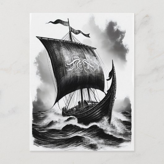 Watercolor ink pencil of Viking dragon ship ポストカード (正面)