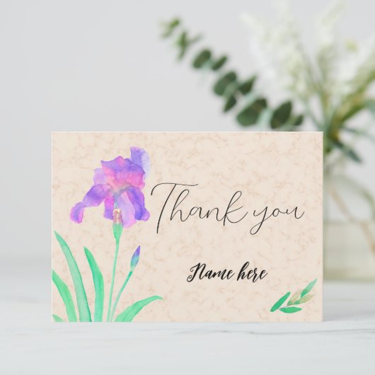Watercolor Iris on marble background サンキューカード (スタンド正面)