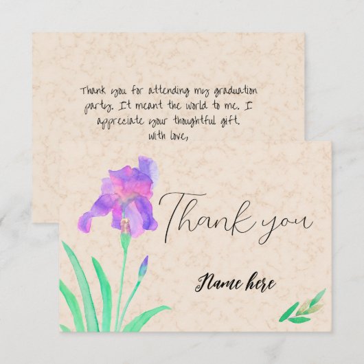 Watercolor Iris on marble background サンキューカード (正面/裏面)