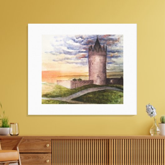 Watercolor Irish Castle in Doolin County Clare キャンバスプリント (インサイチュ (リビング))