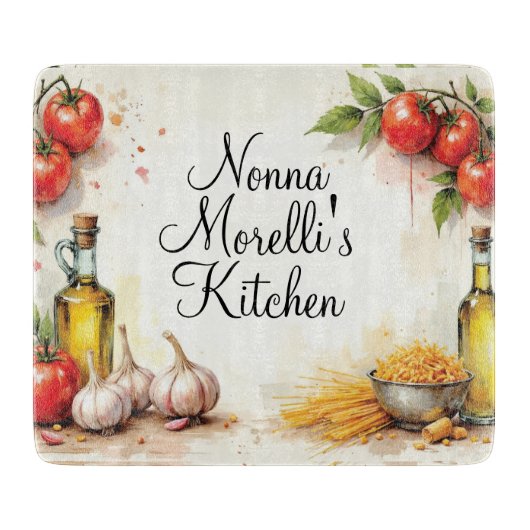 Watercolor Italian Kitchen Glass Cutting Board カッティングボード (正面)