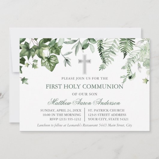 Watercolor Ivy Ferns Sage Green Communion 招待状 (正面)