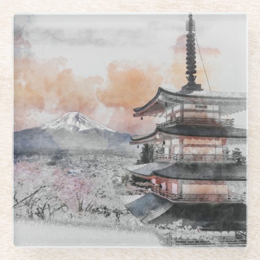 Watercolor Japanese Pagoda & Fuji  ガラスコースター (正面)