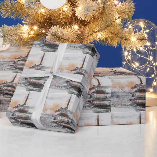 Watercolor Japanese Pagoda & Fuji  ラッピングペーパー (クリスマス)