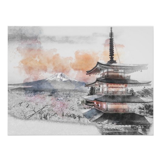 Watercolor Japanese Pagoda & Mt. Fuji フォトプリント (正面)