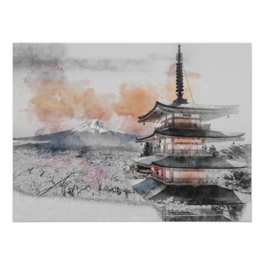 Watercolor Japanese Pagoda & Mt. Fuji  ポスター (正面)