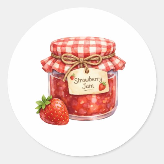 Watercolor Jar with Fresh Strawberry Fruit Jam ラウンドシール (正面)
