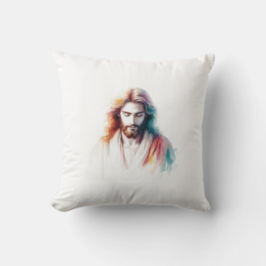 Watercolor Jesus Christ Portrait – Serene & Spirit クッション (正面)