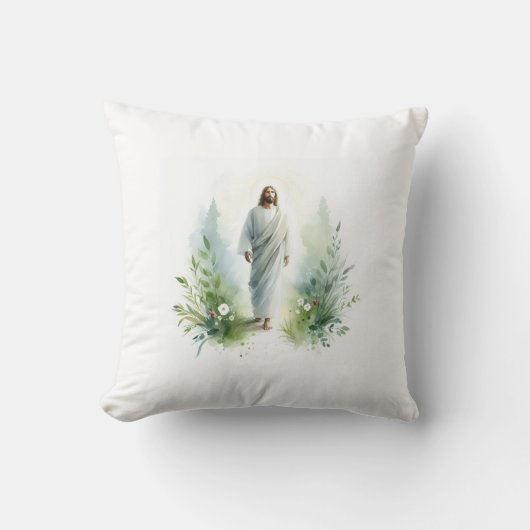 Watercolor Jesus Christ with Botanical Elements – クッション (正面)