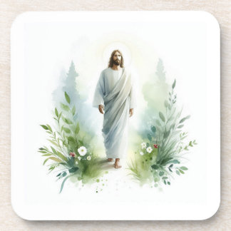 Watercolor Jesus Christ with Botanical Elements –  コースター