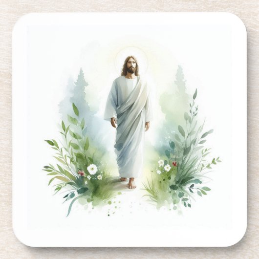 Watercolor Jesus Christ with Botanical Elements –  コースター (正面)