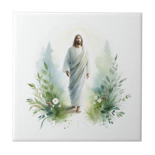 Watercolor Jesus Christ with Botanical Elements –  タイル (正面)