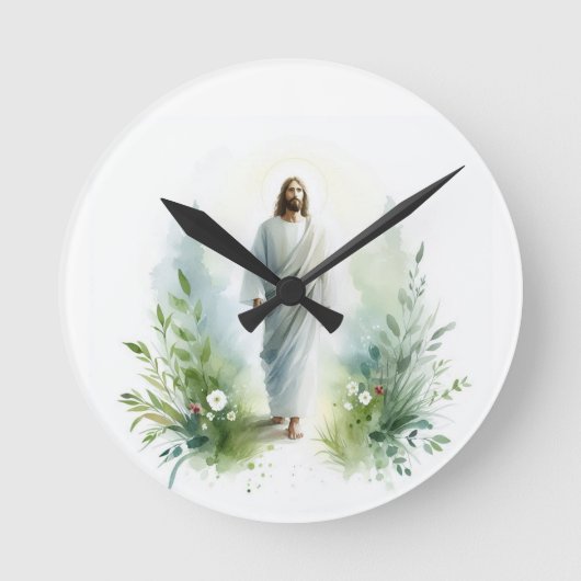 Watercolor Jesus Christ with Botanical Elements –  ラウンド壁時計 (正面)