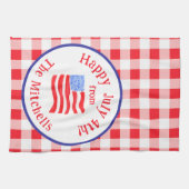 Watercolor July 4th Flag Red Check NAME キッチンタオル (横)