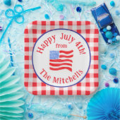 Watercolor July 4th Flag Red Check NAME Square ペーパープレート (パーティー)