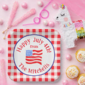 Watercolor July 4th Flag Red Check NAME Square ペーパープレート (パーティー)
