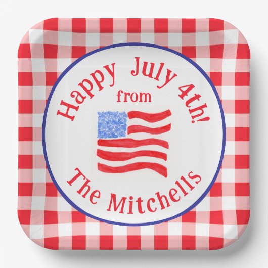 Watercolor July 4th Flag Red Check NAME Square ペーパープレート (正面)