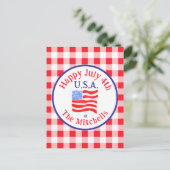 Watercolor July 4th USA Flag Red Check INVITATION ポストカード (スタンド正面)