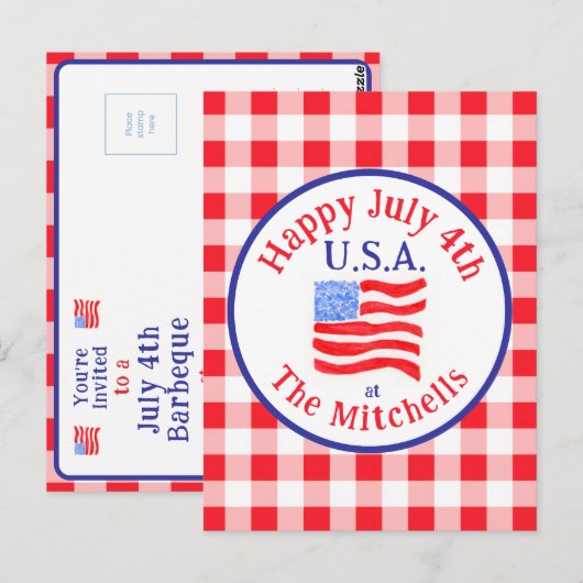 Watercolor July 4th USA Flag Red Check INVITATION ポストカード (正面/裏面)