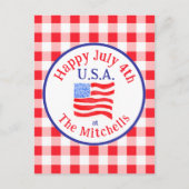 Watercolor July 4th USA Flag Red Check INVITATION ポストカード (正面)