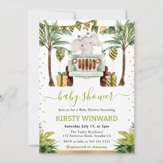 Watercolor Jungle Elephant Baby Shower 招待状 (正面)