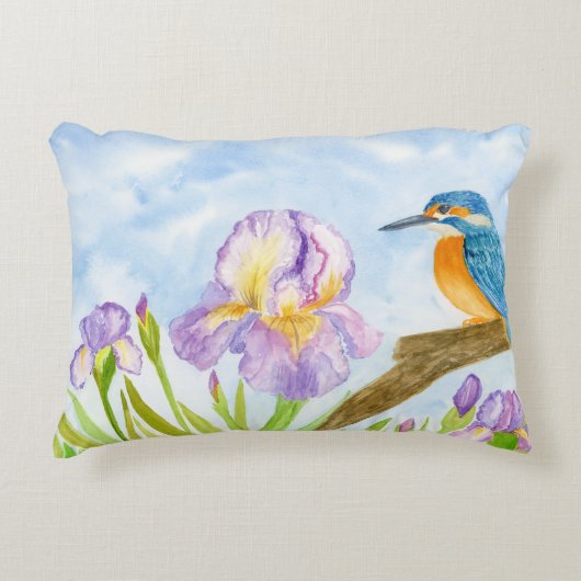 Watercolor Kingfisher with Purple Irises アクセントクッション (正面)