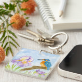 Watercolor Kingfisher with Purple Irises キーホルダー (正面右)
