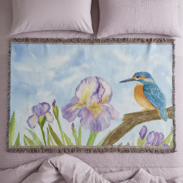 Watercolor Kingfisher with Purple Irises スローブランケット