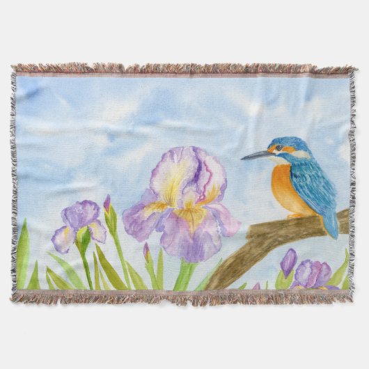 Watercolor Kingfisher with Purple Irises スローブランケット (正面)