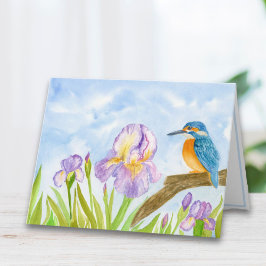 Watercolor Kingfisher with Purple Irises ノートカード