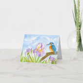 Watercolor Kingfisher with Purple Irises ノートカード (正面)