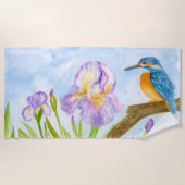 Watercolor Kingfisher with Purple Irises ビーチタオル (正面)