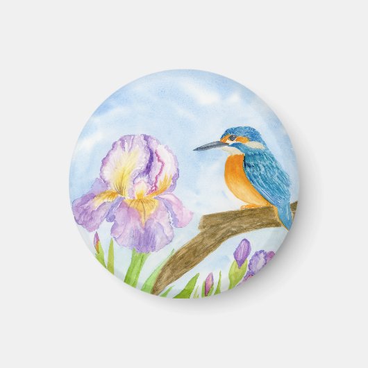 Watercolor Kingfisher with Purple Irises マグネット (正面)