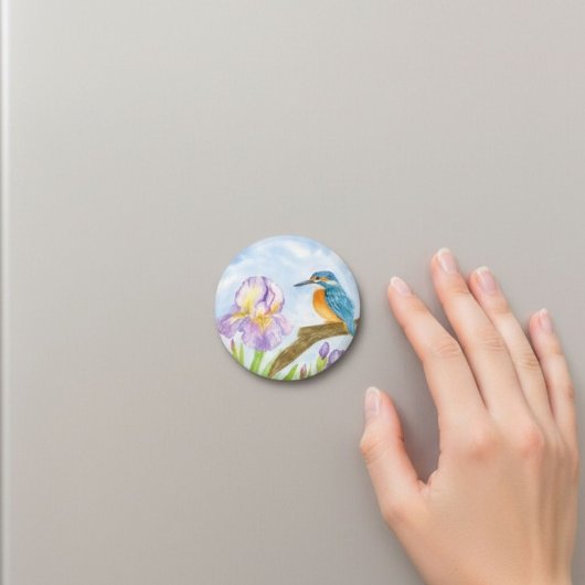 Watercolor Kingfisher with Purple Irises マグネット