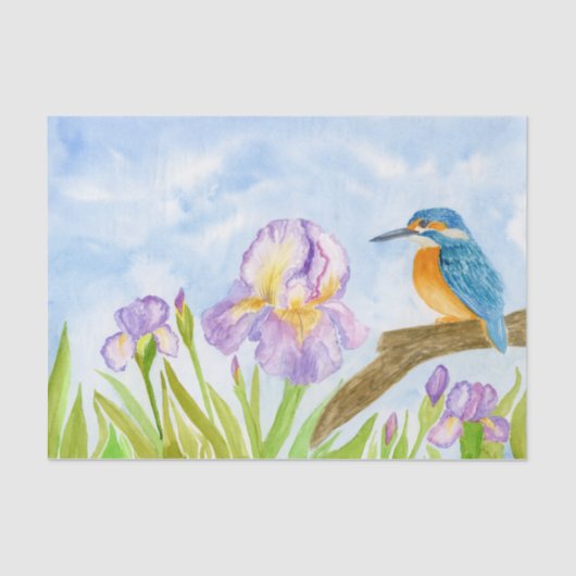 Watercolor Kingfisher with Purple Irises  薄葉紙 (正面)