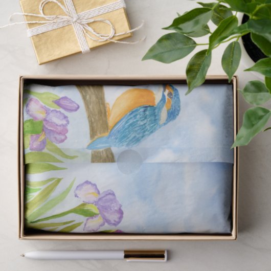 Watercolor Kingfisher with Purple Irises  薄葉紙 (ギフト)