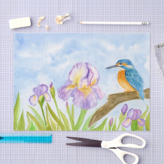 Watercolor Kingfisher with Purple Irises  薄葉紙 (クラフト)