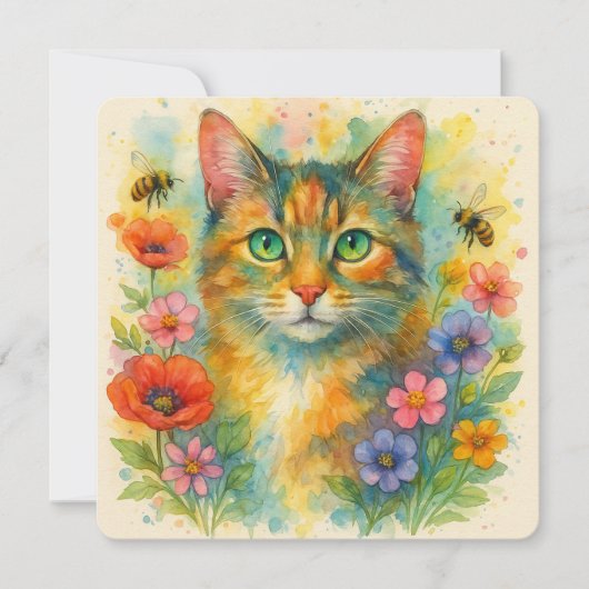 Watercolor kitten with flowers カード (正面)
