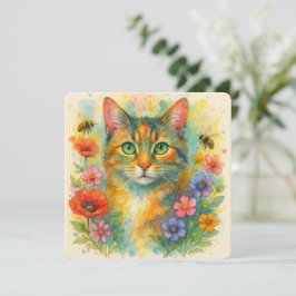 Watercolor kitten with flowers カード