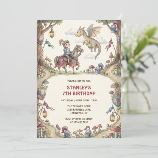 Watercolor Knight Dragon Fairytale Boy Birthday 招待状 (スタンド正面)