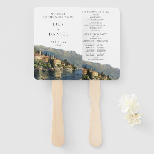 Watercolor Lake Como Italian Wedding Program ハンドファン (正面&裏面)