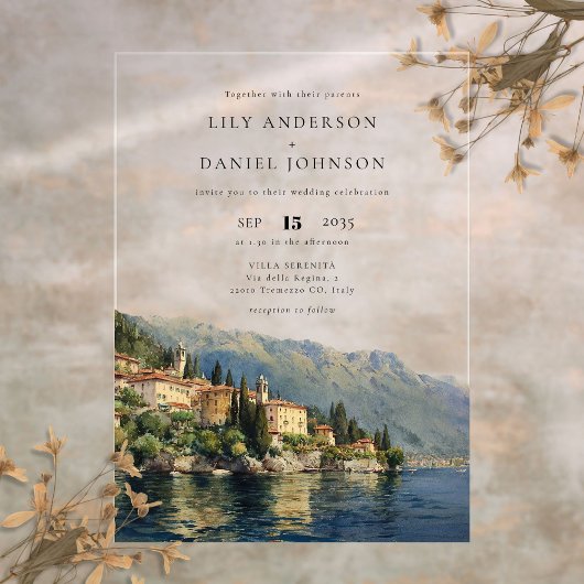 Watercolor Lake Como Italy Destination Wedding アクリル招待状