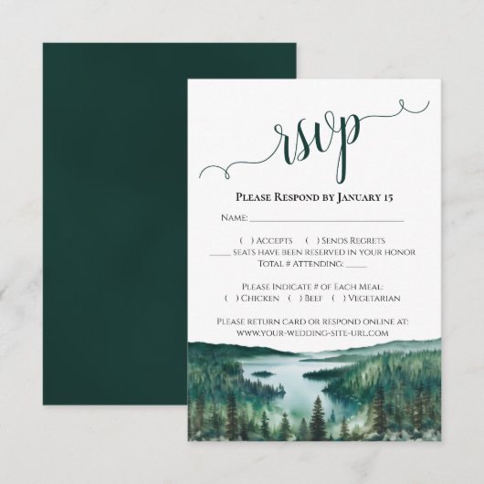 Watercolor Lake Tahoe Landscape Rustic Wedding 出欠カード (正面/裏面)