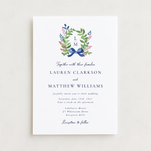 Watercolor Laurel Crest Wedding Invitation 招待状