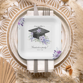 Watercolor  Lavander Purple Floral Graduation  ペーパープレート